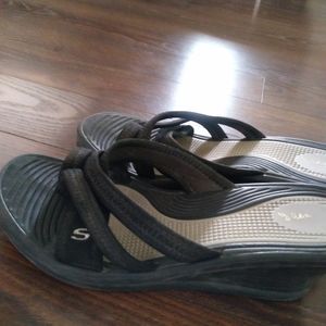 Black Skechers wedge sandals size 7